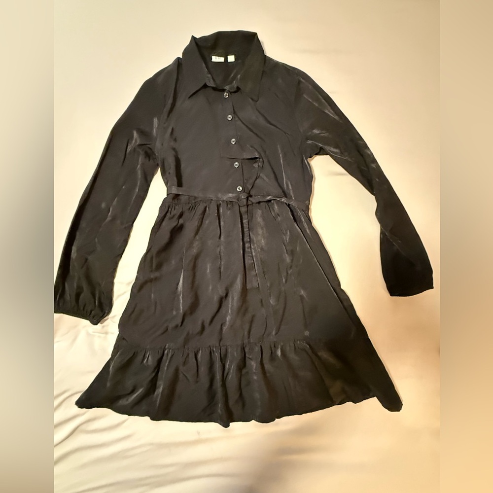 GAP Black Long-Sleeve Shirt Dress with Tie Waist